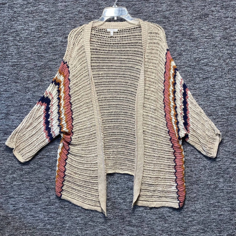 Maurices Womens XL Open Knit Cardigan Sweater Beige Pink Chevron Striped Boho
